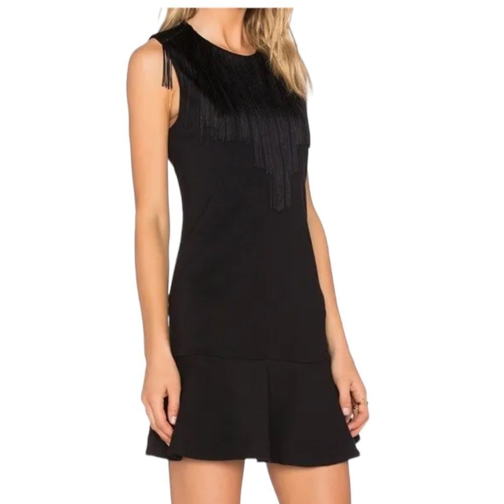BCBGMAXAZRIA Alyn Black Fringe Trim Flounce Hem Cocktail Dress Womens X Small - Picture 2 of 8